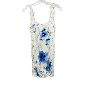 Sky White & Blue Floral Ruched Crochet Bodycon Mini Dress Made in USA Size Small